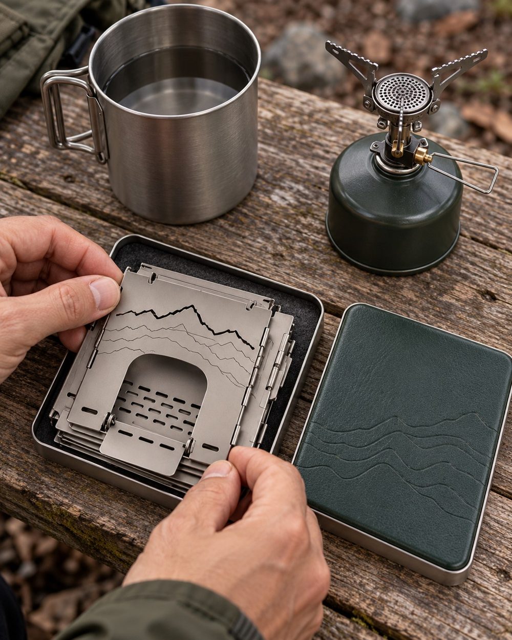 Hands packing the folded Stoke stove into its tin on a wooden table, next to a mug and a small gas stove