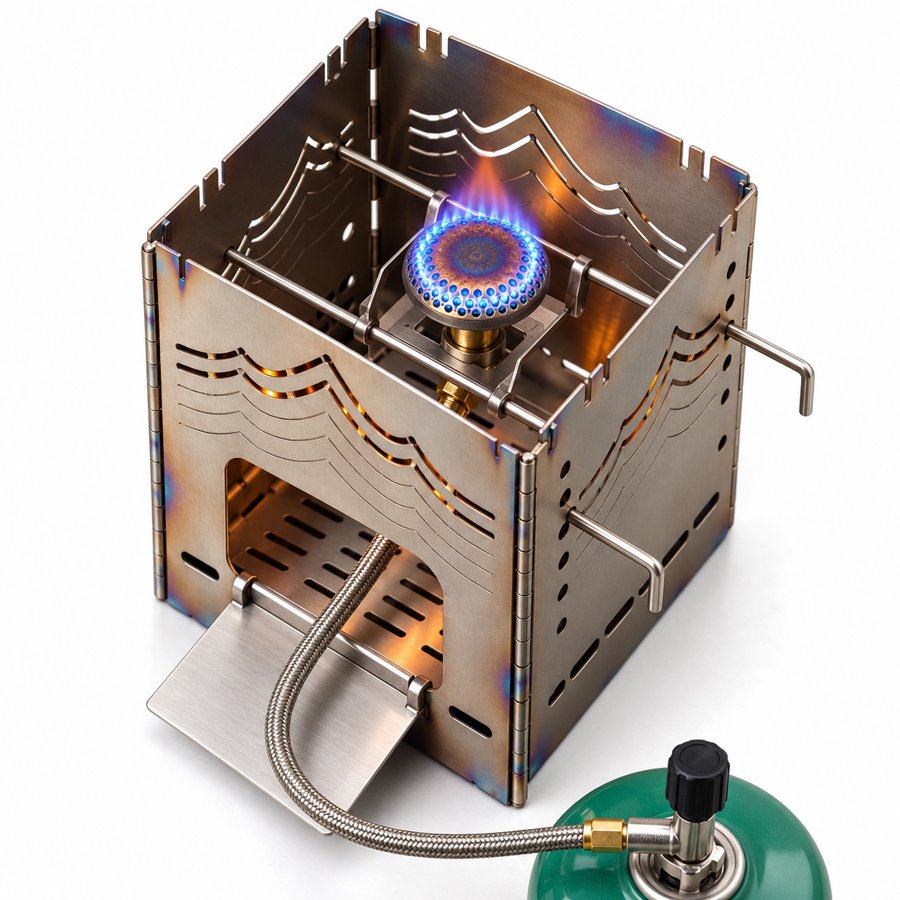Design render from above: a gas burner hanging on rods inside the Stoke stove, with its hose running out through the door to a gas canister sitting outside